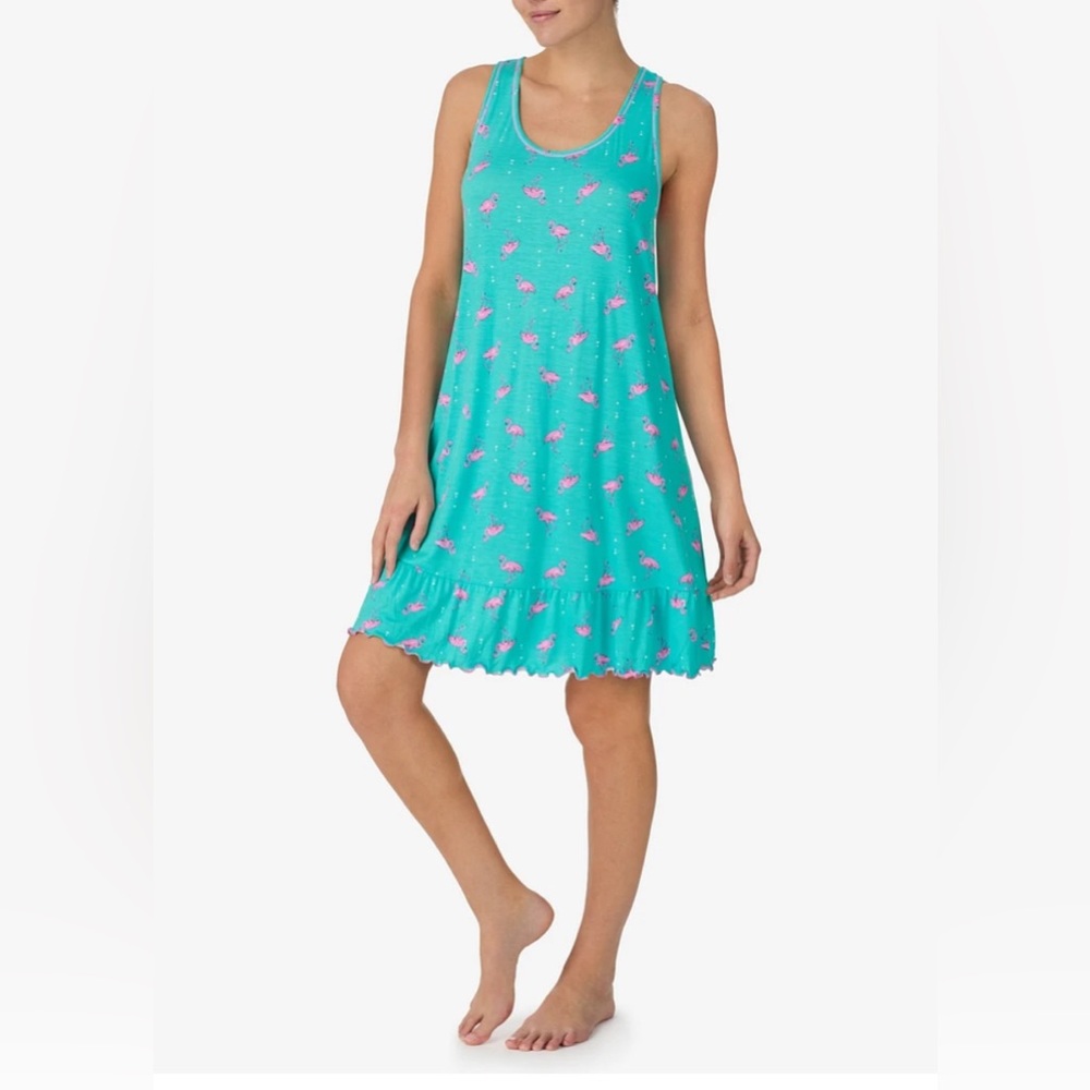 NWOT Ellen Tracy Flamingo Chemise Gown Pajamas Aqua Blue Pink Size Small
